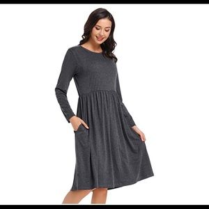 Long sleeve pocket dress swing soft casual short
